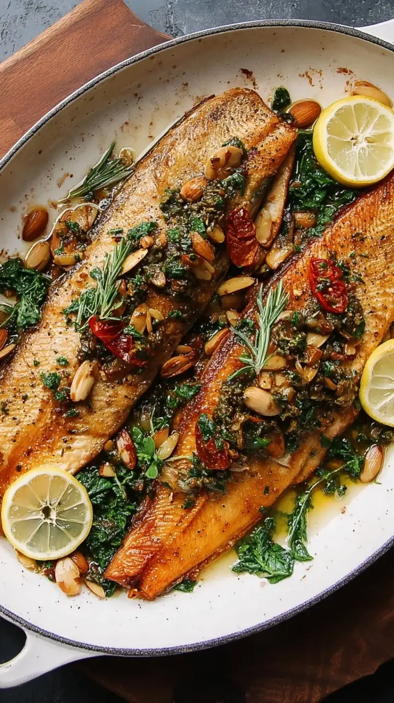 A perfectly pan-seared Rainbow Trout Almondine fillet garnished with fresh parsley and lemon wedges on a white plate.