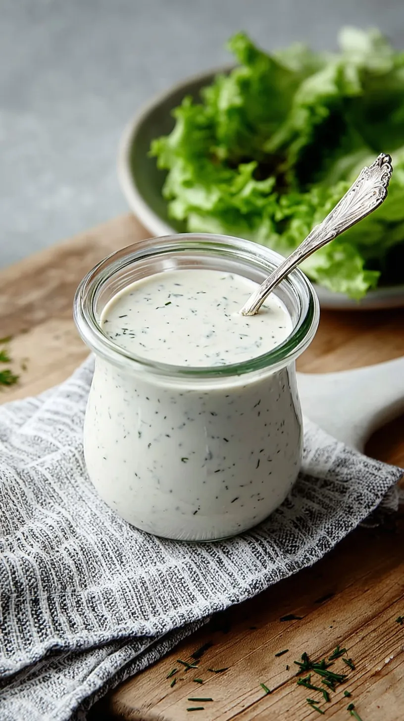 Creamy homemade Ranch Dressing in a glass jar with fresh dill and chives, ready to be served.
