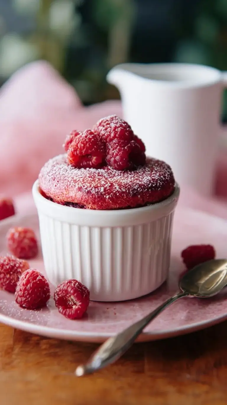 A tall, golden raspberry souffle in a white ramekin dusted with powdered sugar.