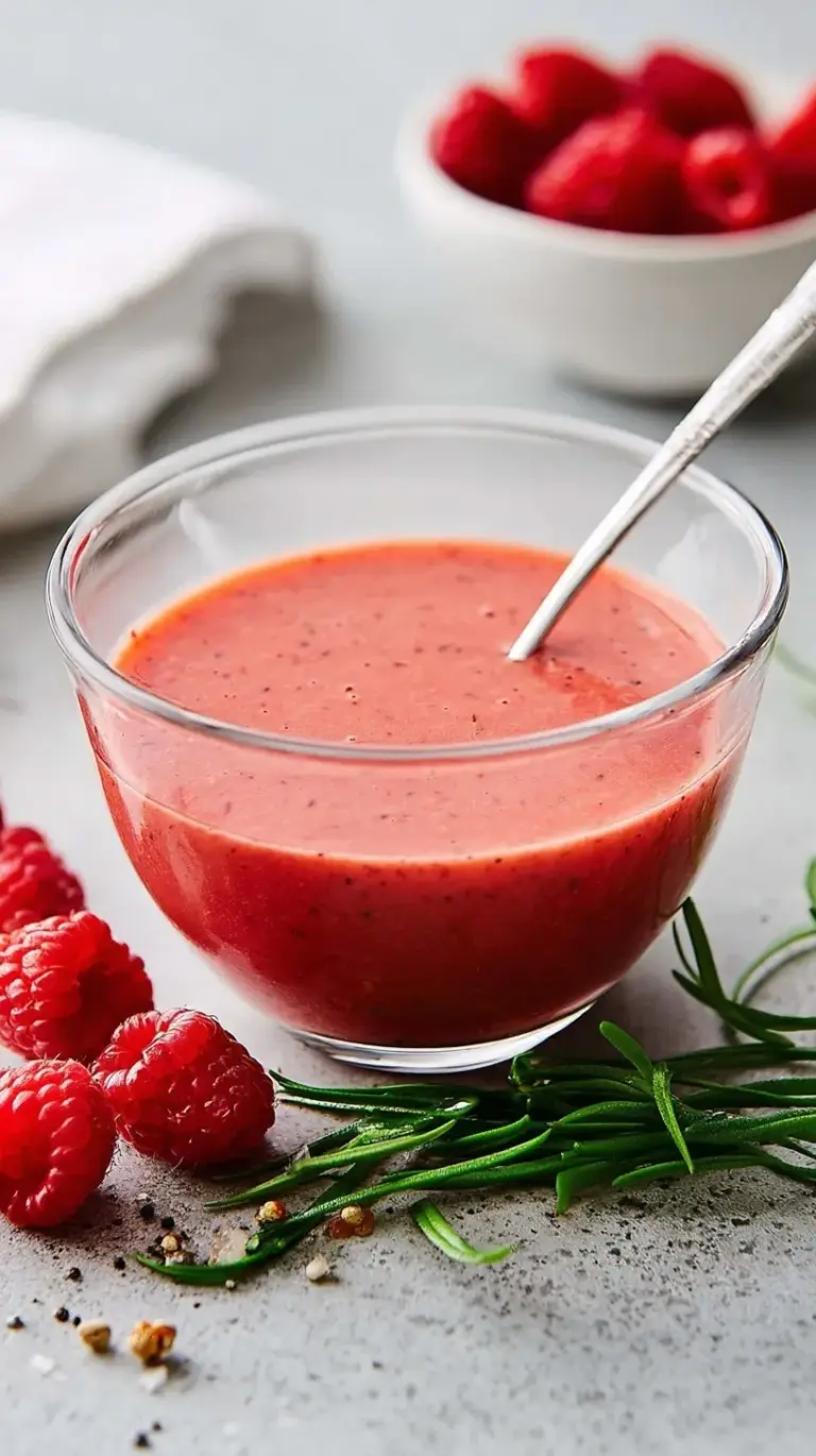 A glass jar filled with vibrant pink homemade Raspberry Vinaigrette, surrounded by fresh raspberries and salad greens.