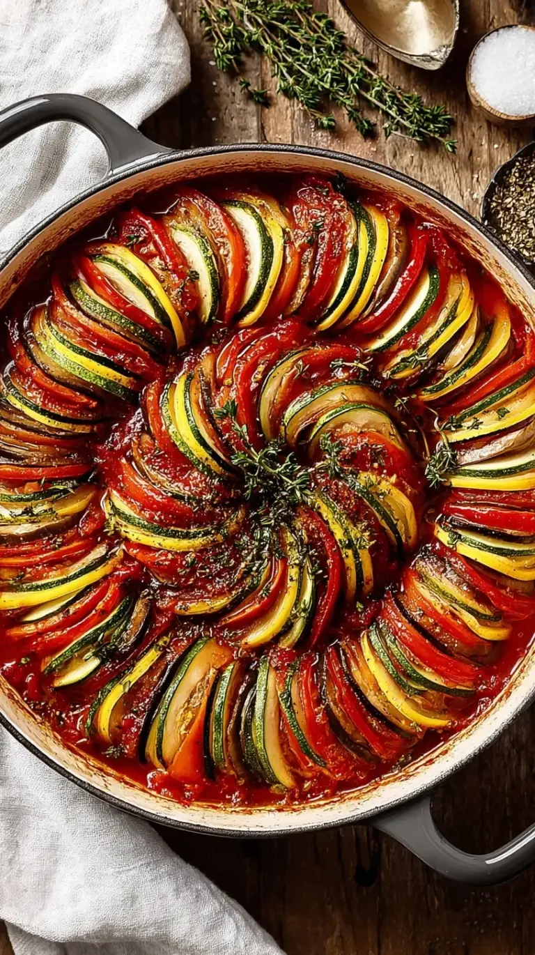 A rustic pot filled with colorful stewed eggplant, zucchini, and peppers topped with fresh basil.