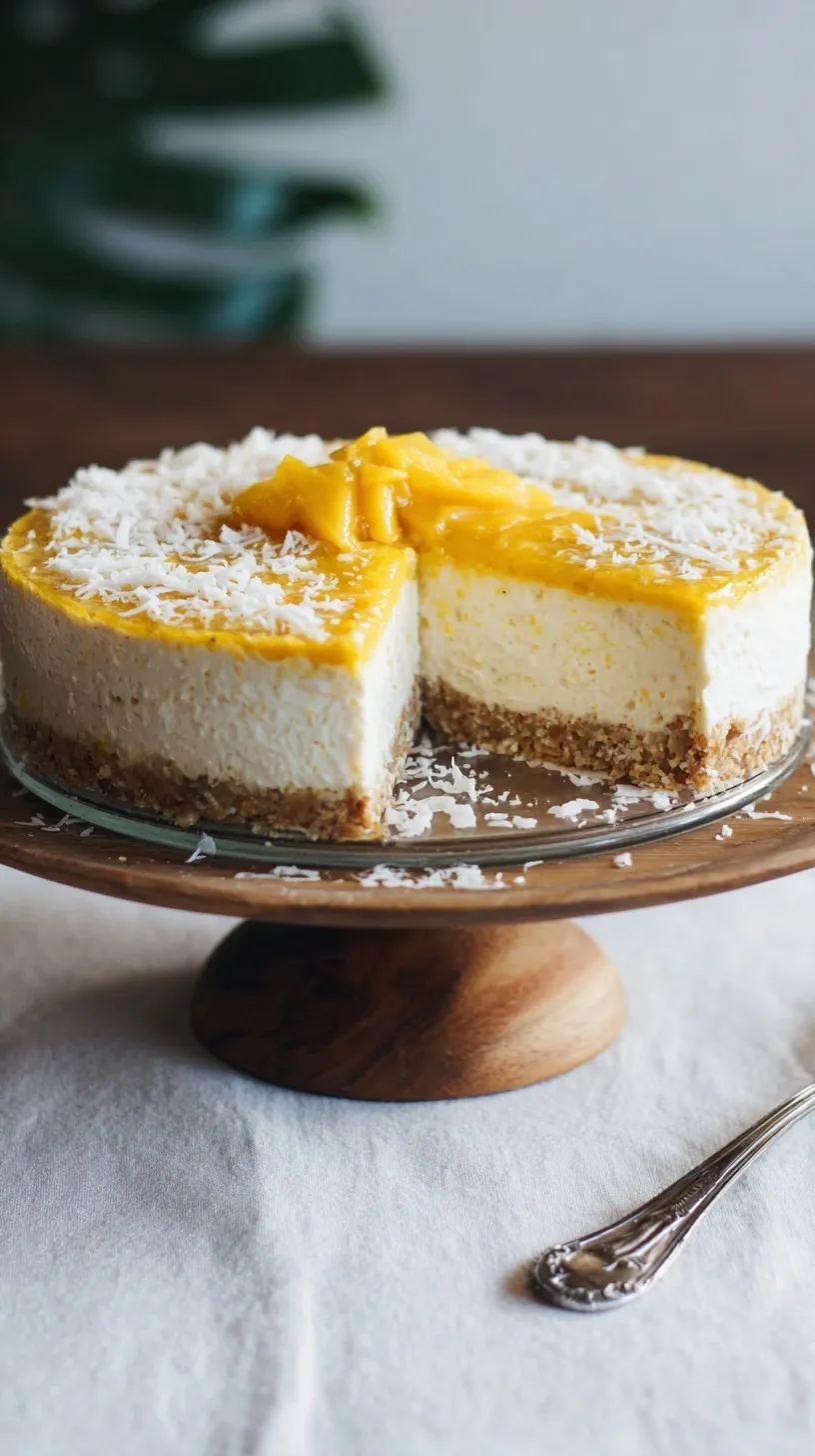A beautiful raw mango cheesecake with a yellow mango swirl on a macadamia nut crust.