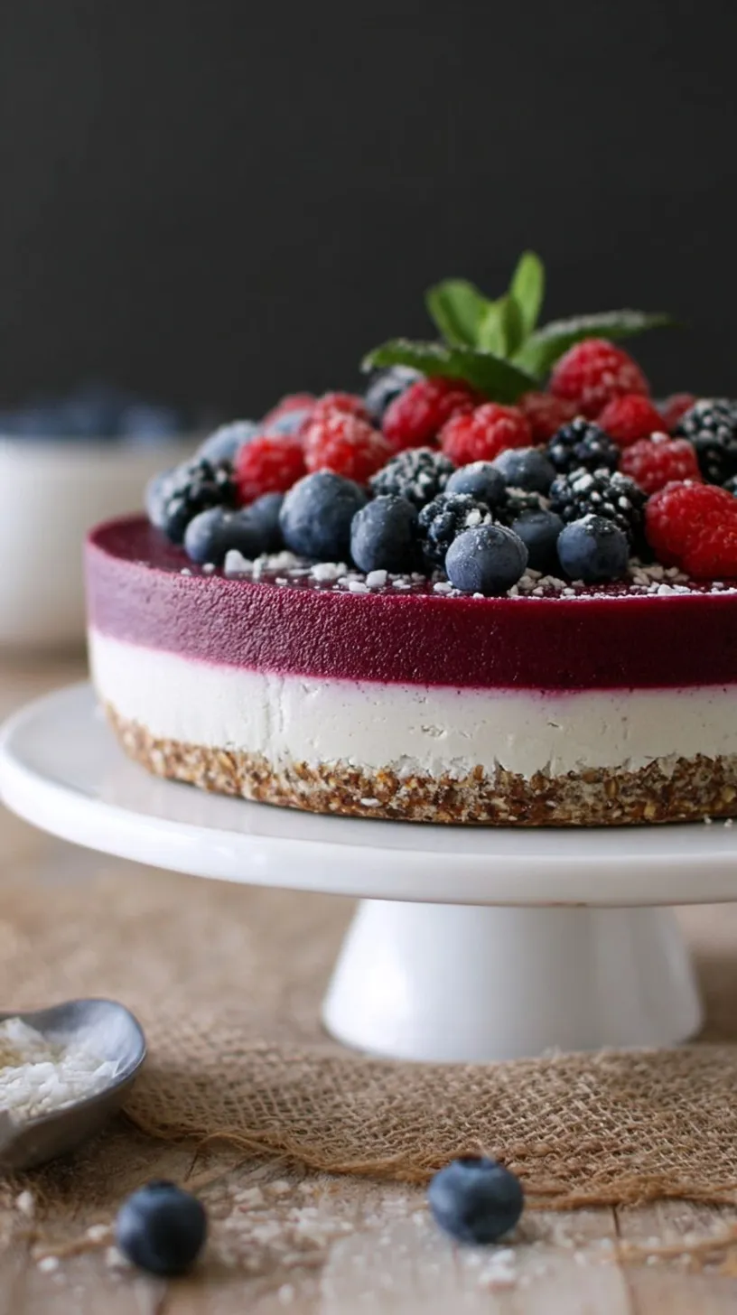 A beautiful raw mixed berry cheesecake with a marble swirl and vanilla bean seeds on a wooden table.