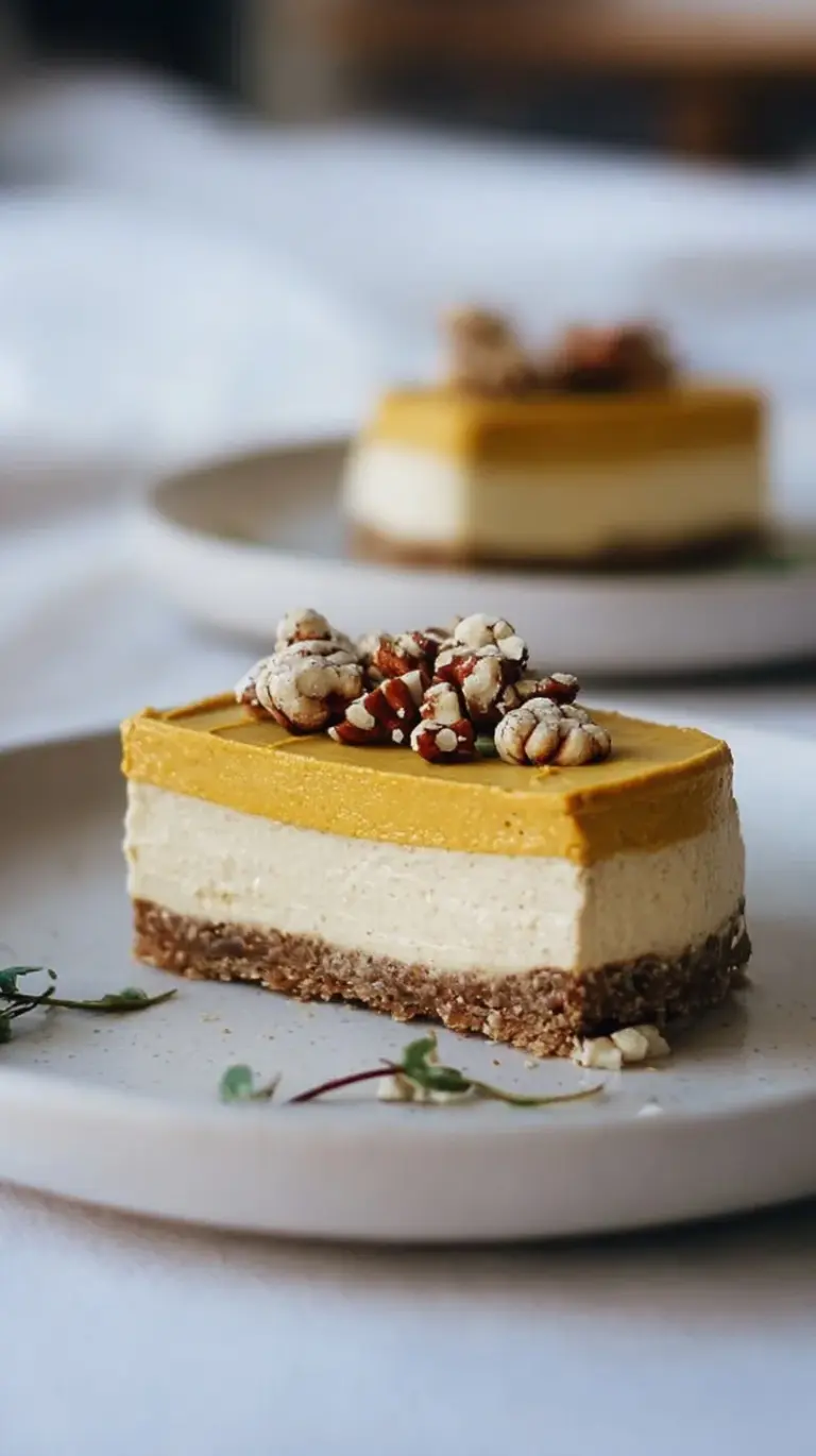 A layered raw pumpkin cheesecake with a white chocolate top and spiced pumpkin center.