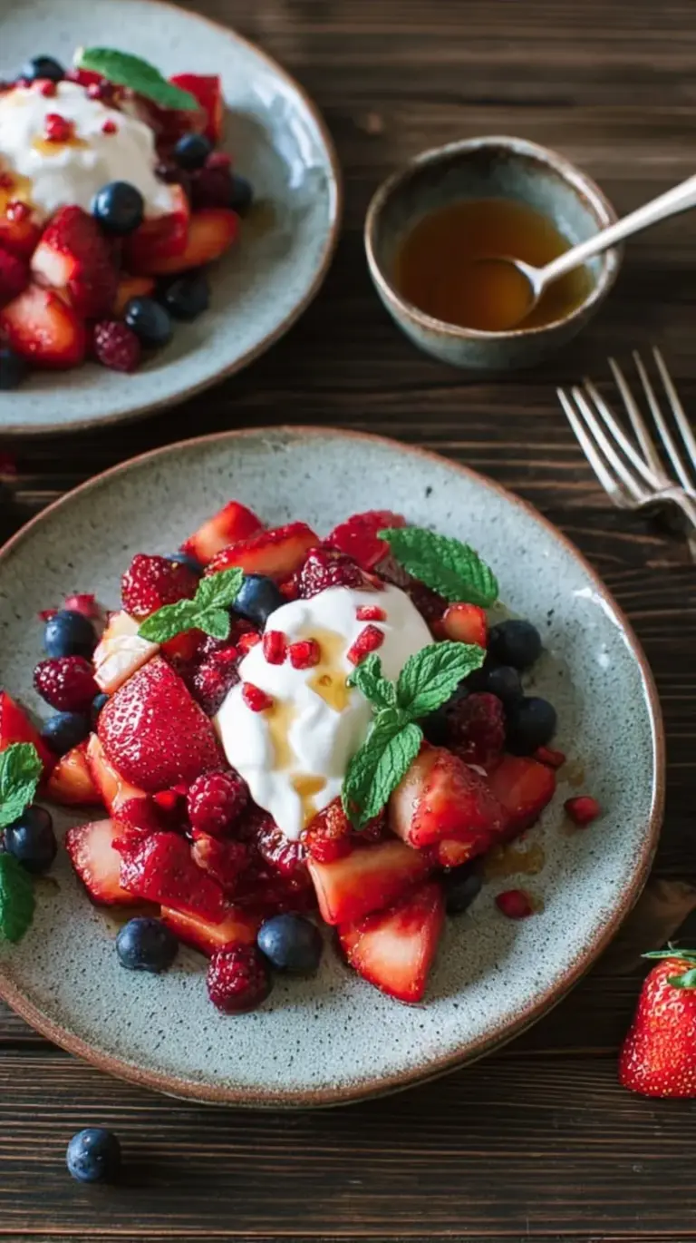 A vibrant bowl of strawberries, raspberries, and cherries topped with a dollop of creamy honeyed yogurt and fresh mint.