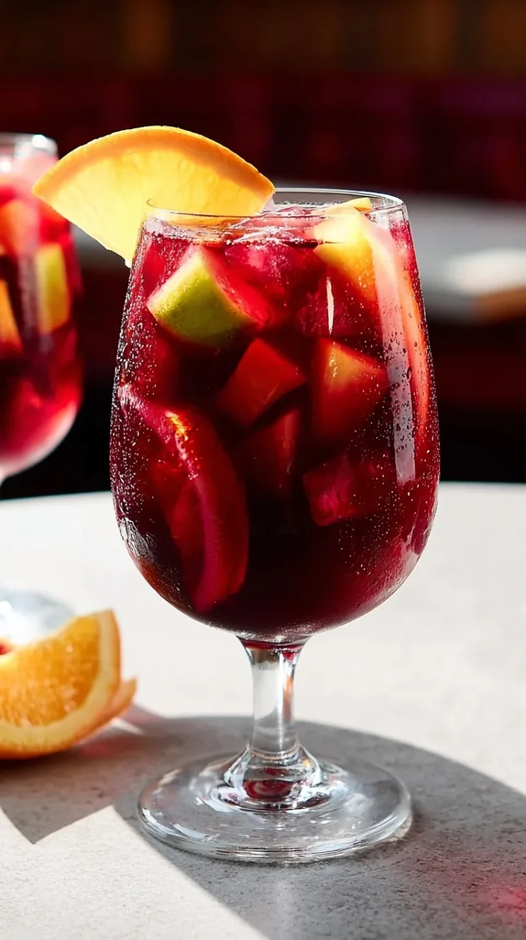 Red sangria in a glass pitcher with fresh orange slices, apples, and berries garnishing the fruity wine cocktail