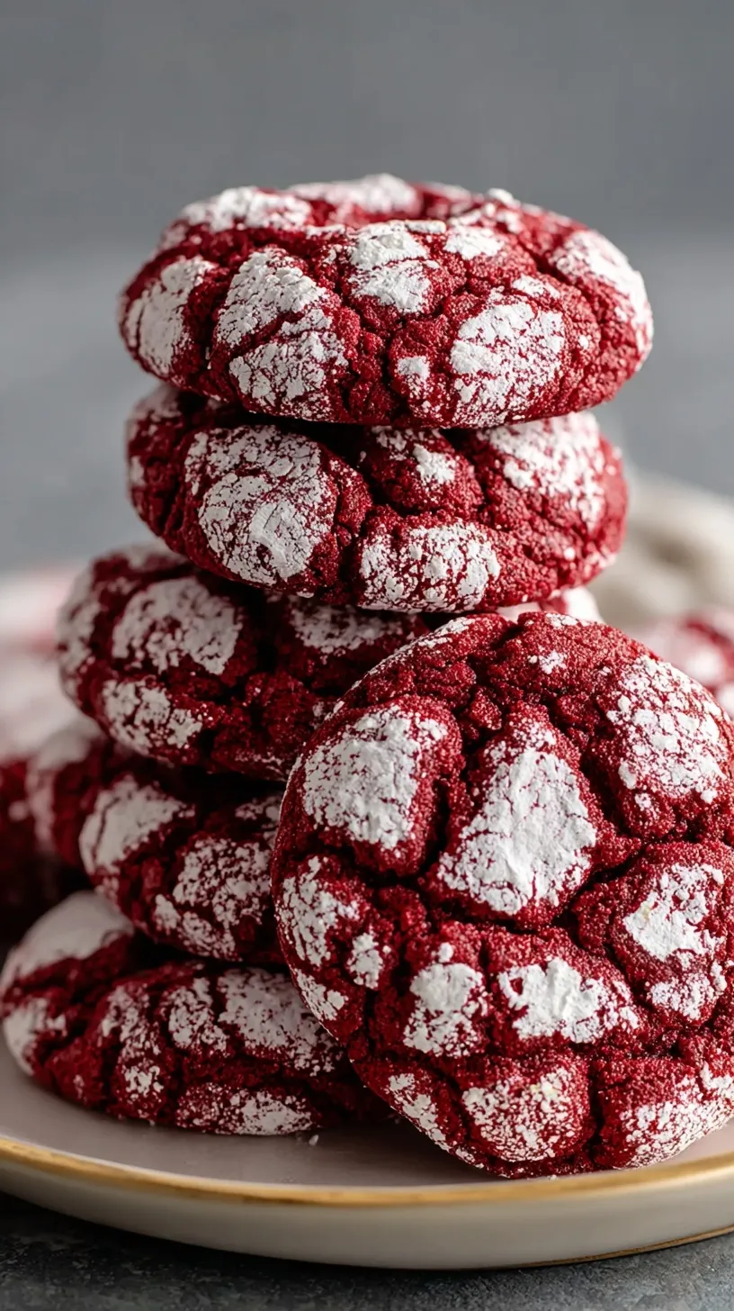 A plate of vibrant red cookies with a white crackled powdered sugar coating.