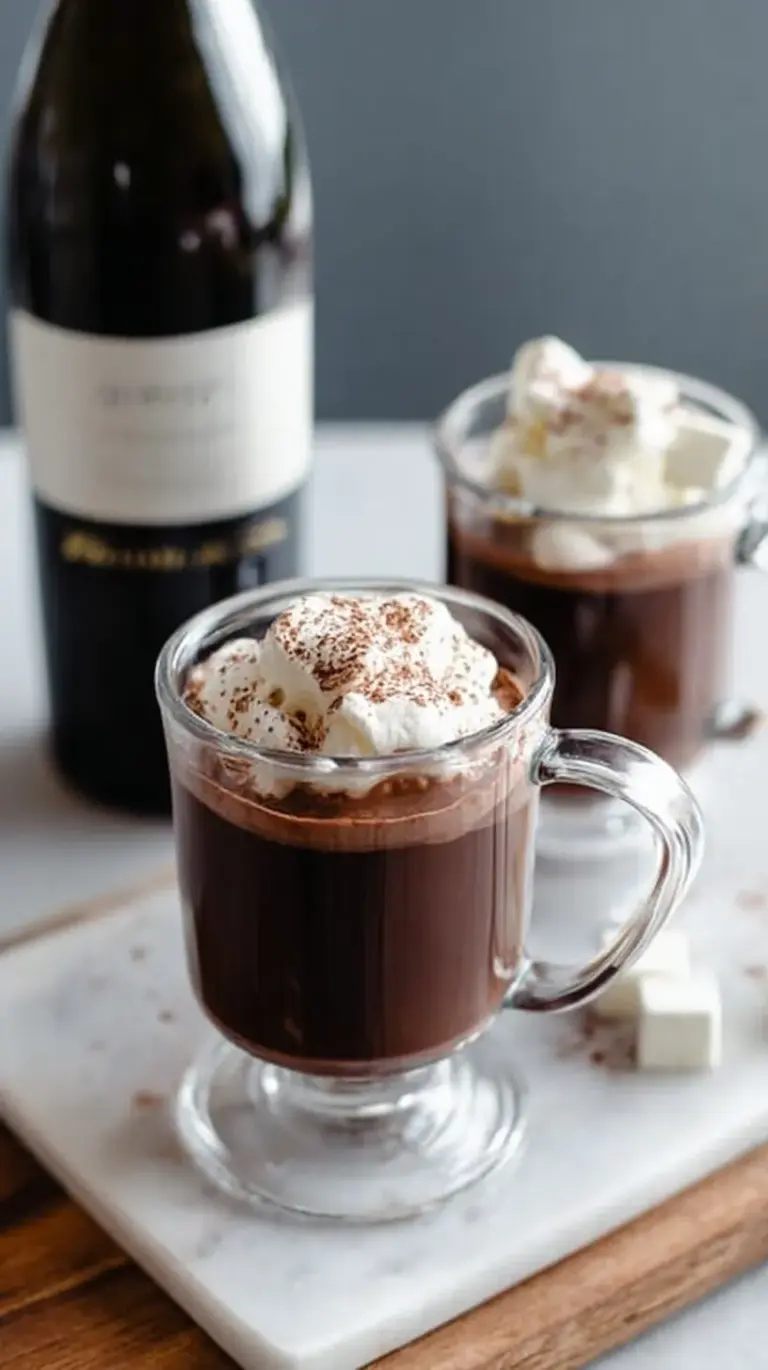 A steaming mug of dark red wine hot chocolate with a glossy finish
