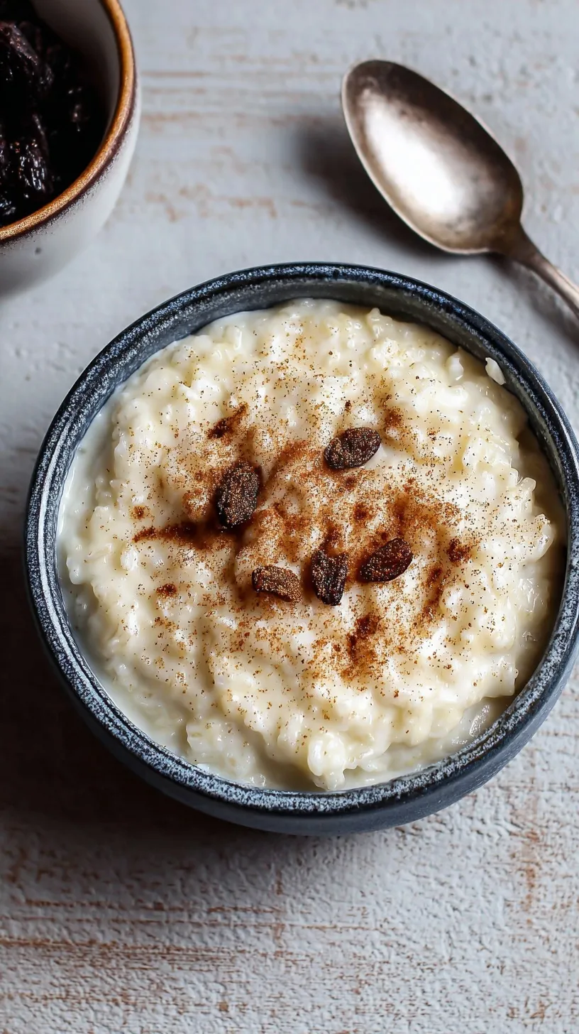 A bowl of warm, creamy homemade Rice Pudding topped with cinnamon and a sprinkle of nutmeg, ready to be enjoyed.