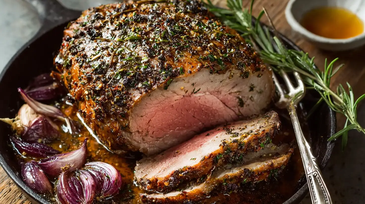 Roast beef in a pan with red onions ready for the oven