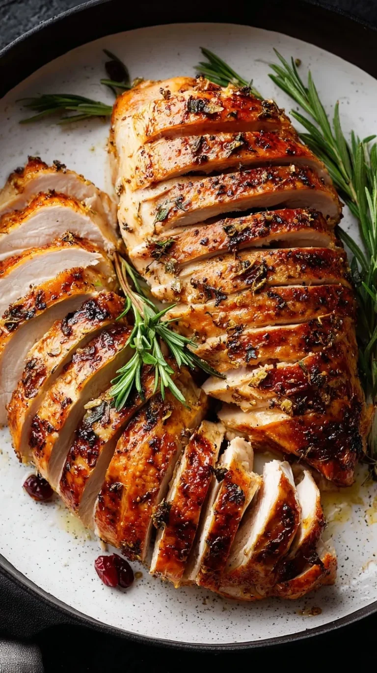 Golden roast turkey breast with herb butter on a white platter garnished with fresh herbs and cranberries