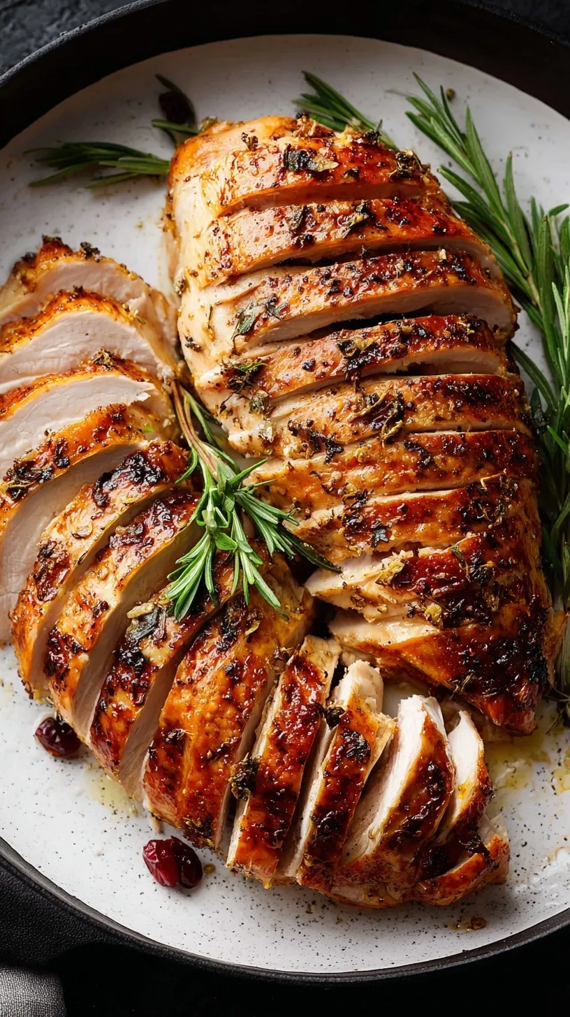 Golden roast turkey breast with herb butter on a white platter garnished with fresh herbs and cranberries
