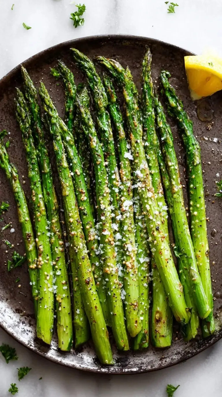 A close-up of perfectly roasted asparagus spears on a baking sheet, seasoned with salt and pepper.