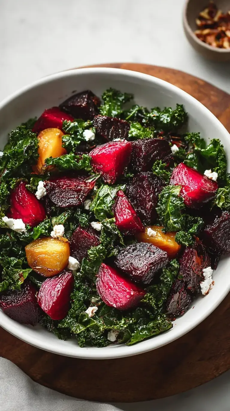 A vibrant Roasted Beet and Kale Salad with goat cheese and walnuts in a wooden bowl.