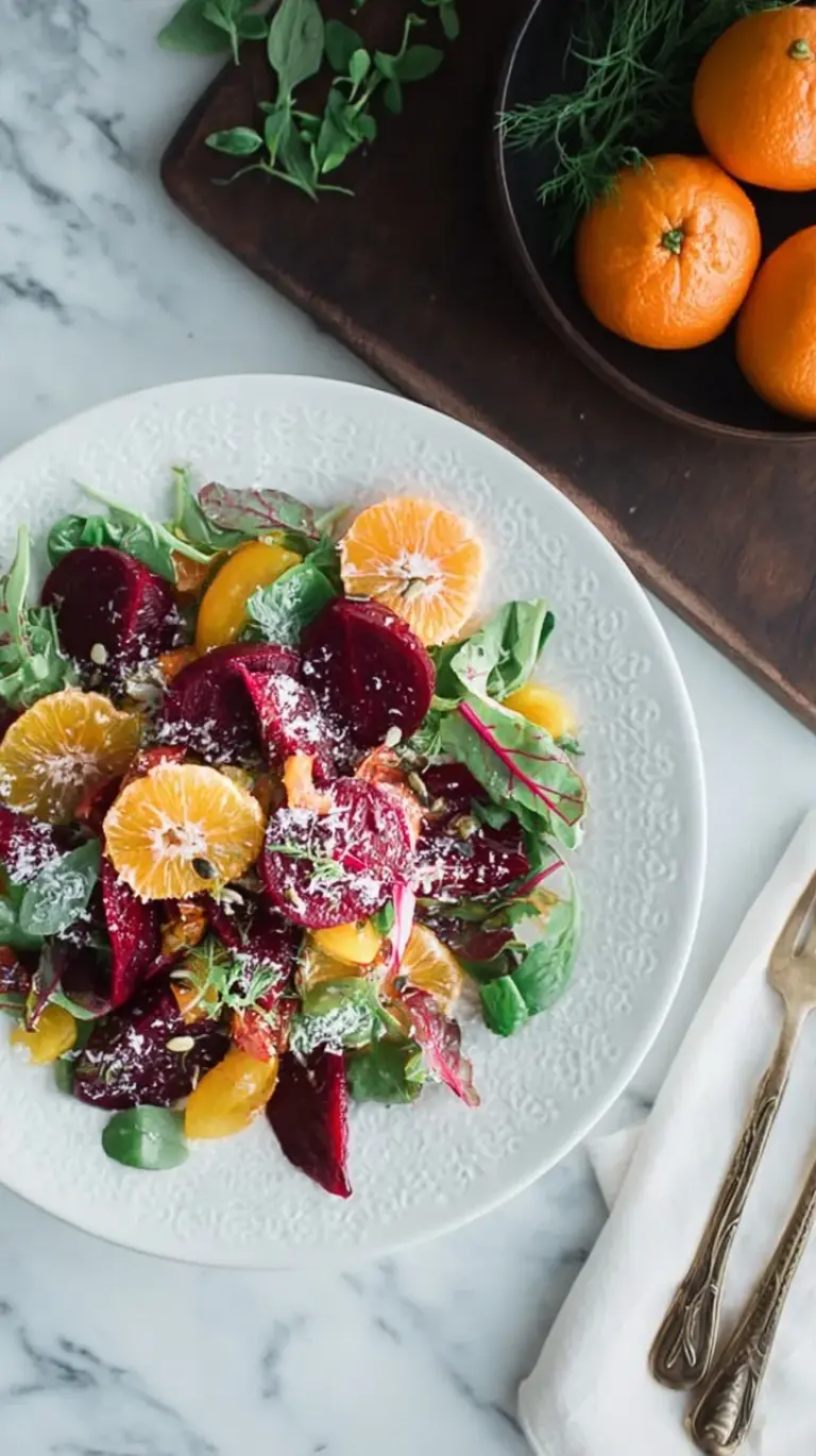 A vibrant winter beet salad with roasted red beet wedges, blood orange segments, and crumbled goat cheese on a bed of arugula.