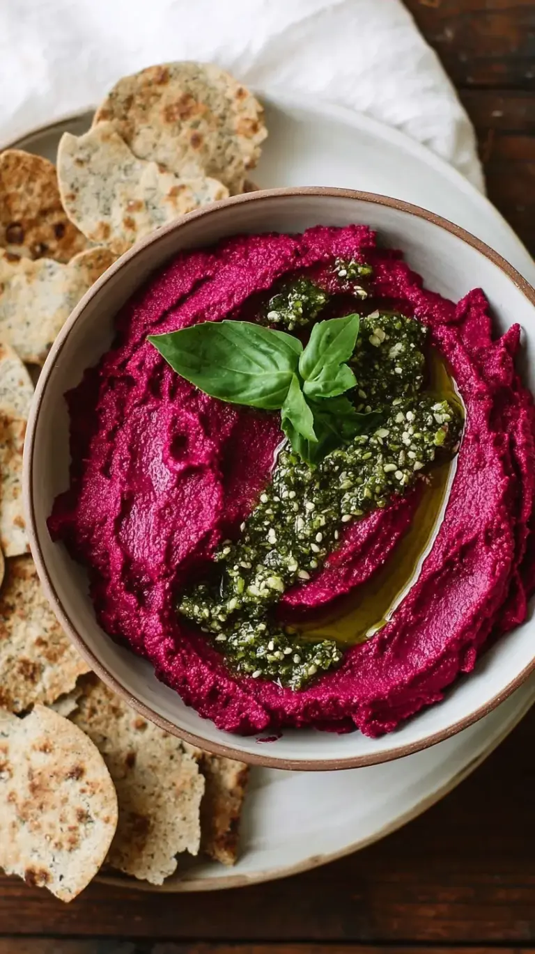 A bowl of bright pink roasted beet hummus with a green basil pesto swirl on top