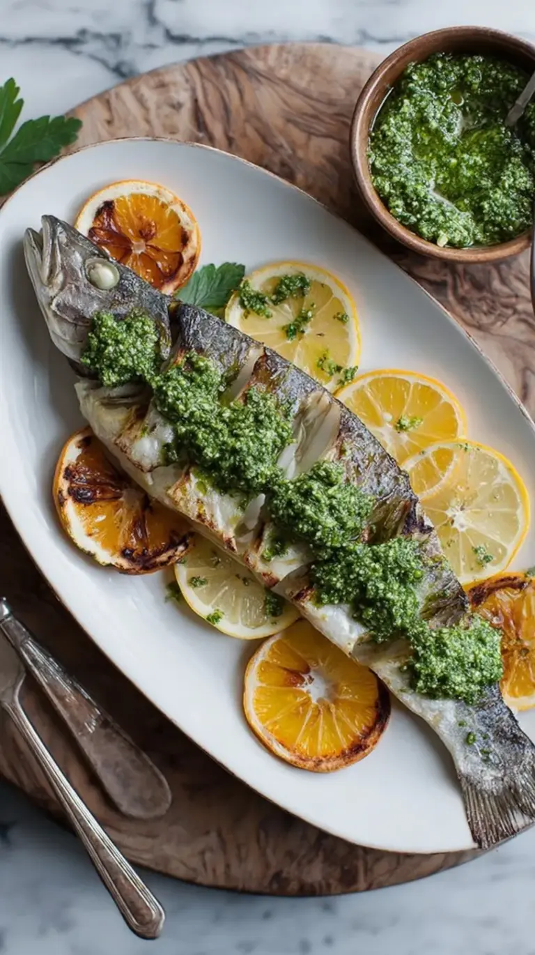Two whole roasted branzino fish on a sheet pan with lemon slices and fresh herbs, drizzled with vibrant citrus pesto.