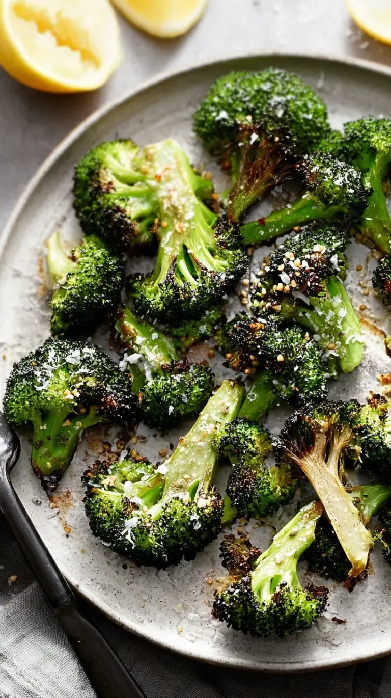 Close up of golden charred roasted broccoli florets on a baking sheet sprinkled with parmesan cheese.
