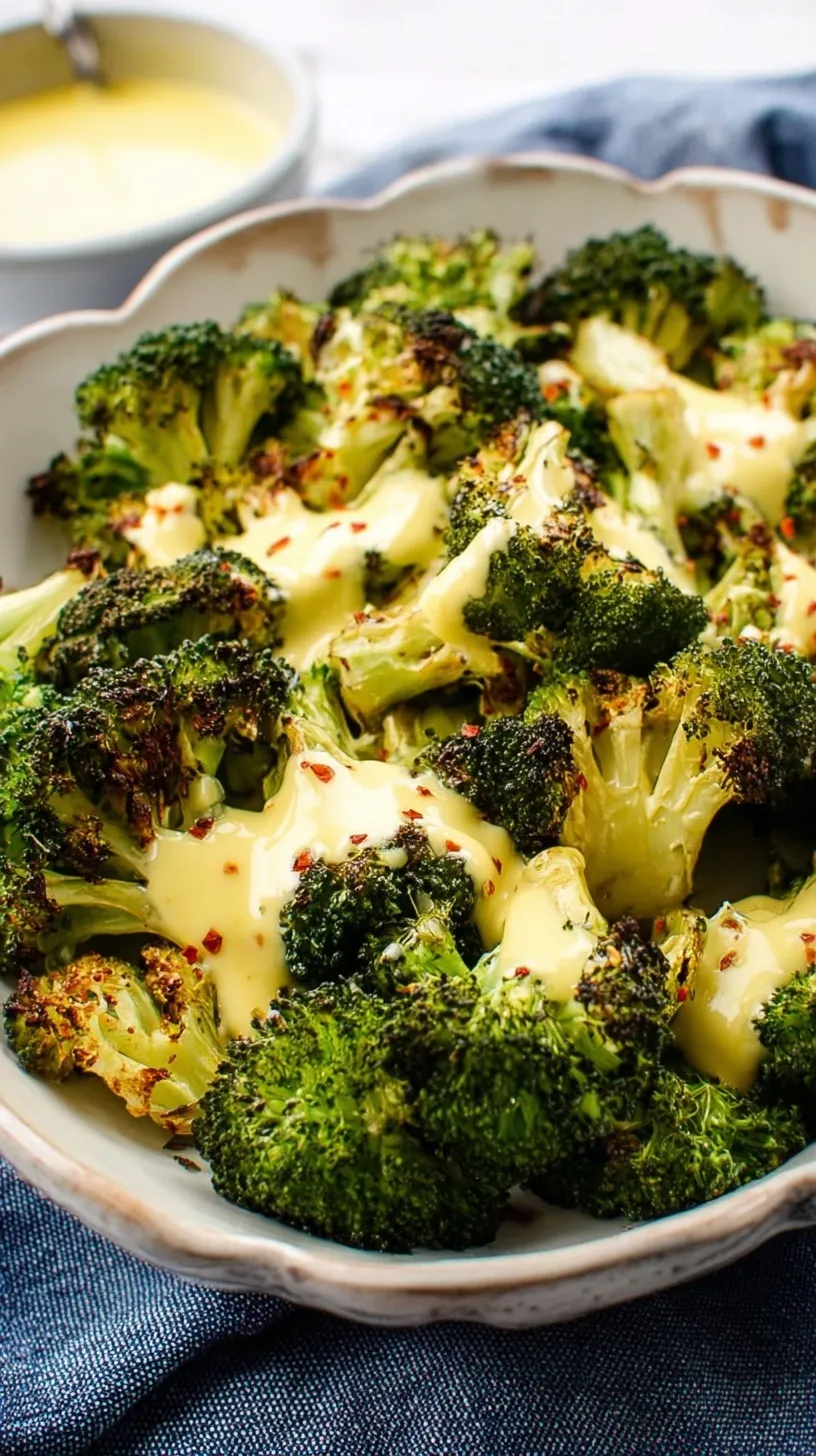 Oven roasted broccoli florets drizzled with creamy yellow hollandaise sauce on a white serving plate