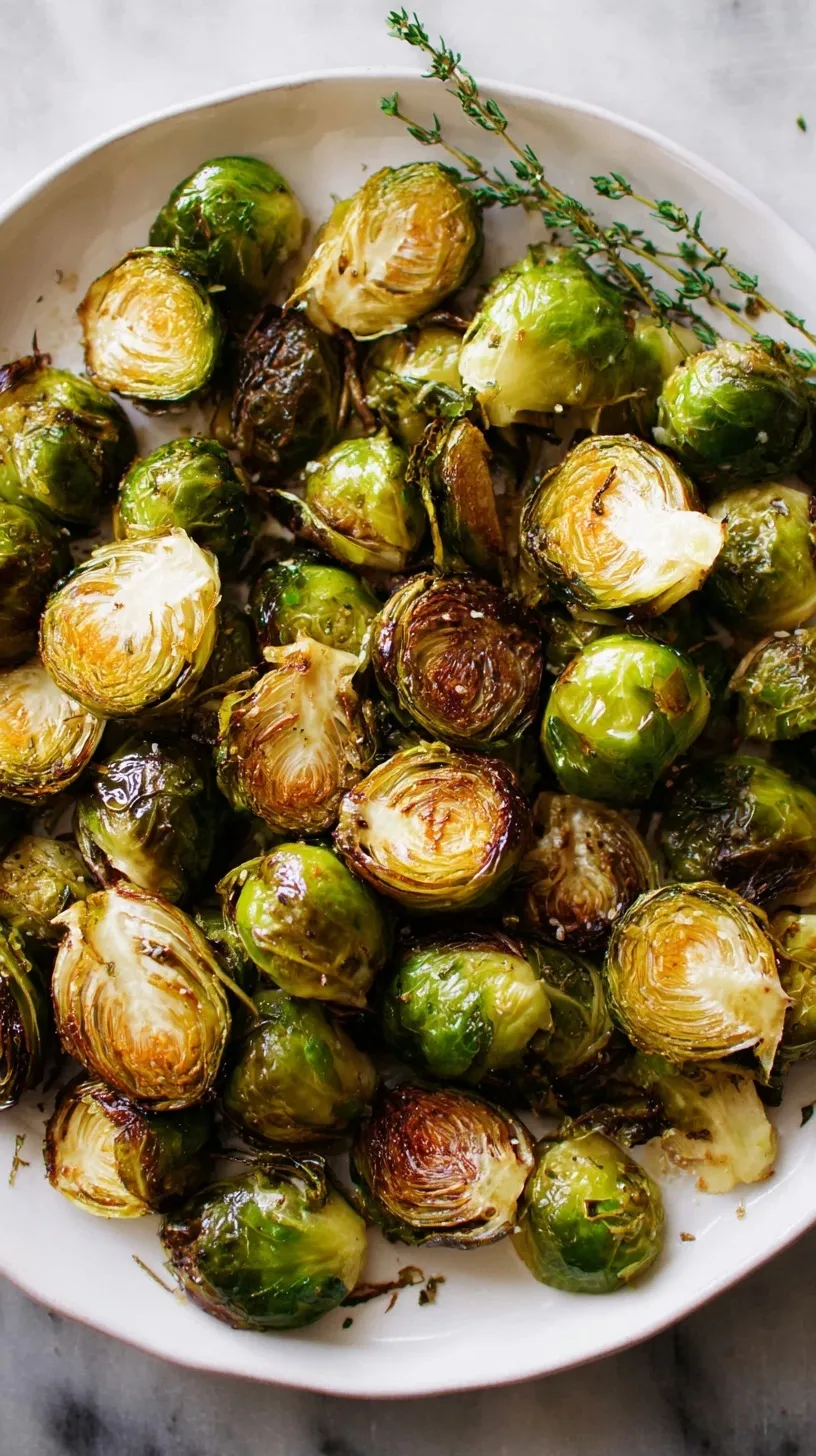 A baking sheet filled with golden, crispy roasted Brussels sprouts halved and charred to perfection.