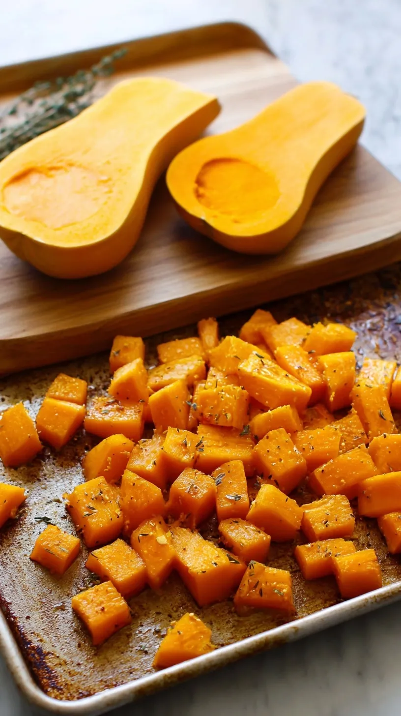 Roasted butternut squash cubes and halves on a baking sheet, golden and caramelized with olive oil and herbs