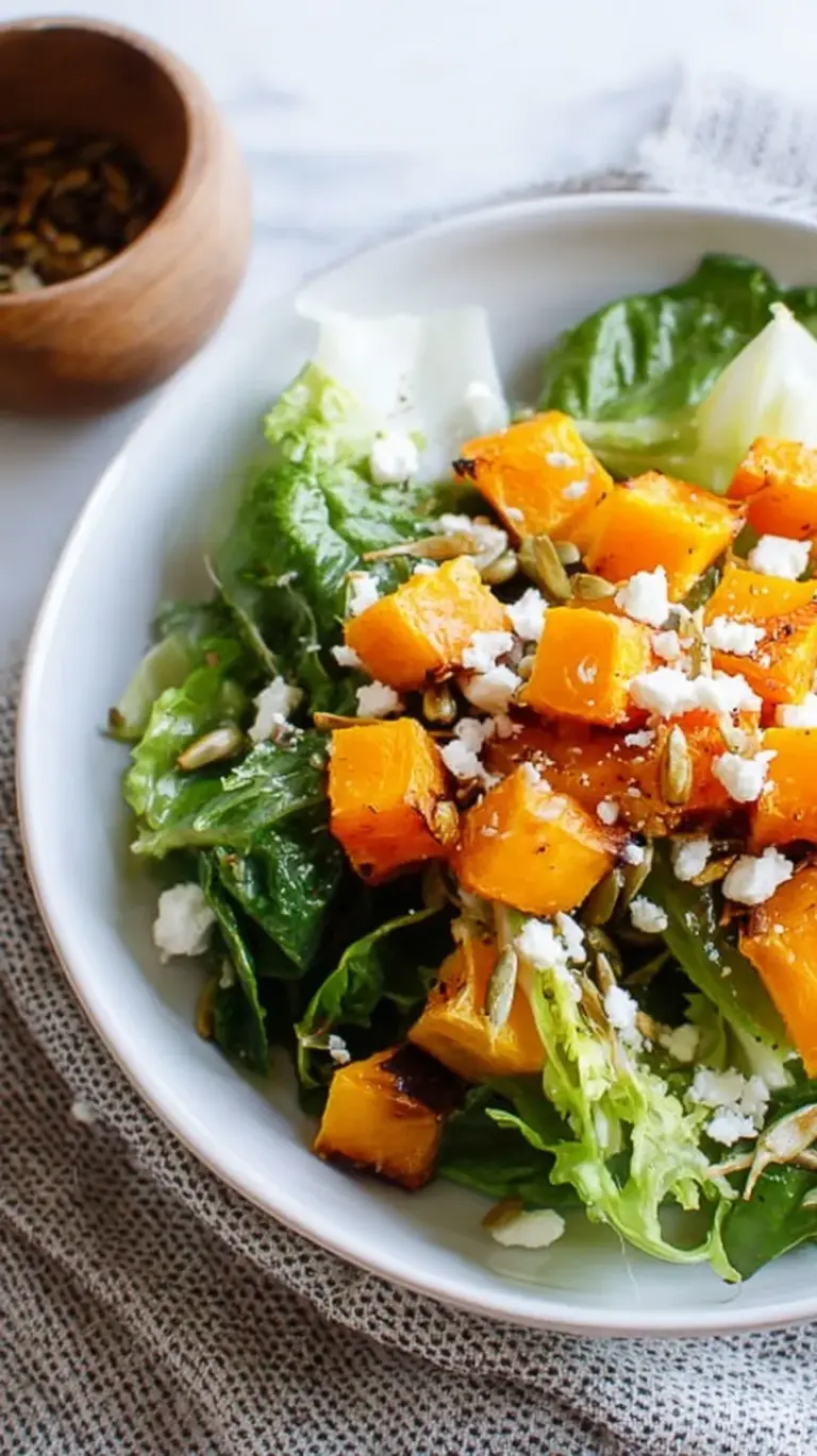 A vibrant butternut squash salad with romaine, goat cheese, and pumpkin seeds in a white bowl.
