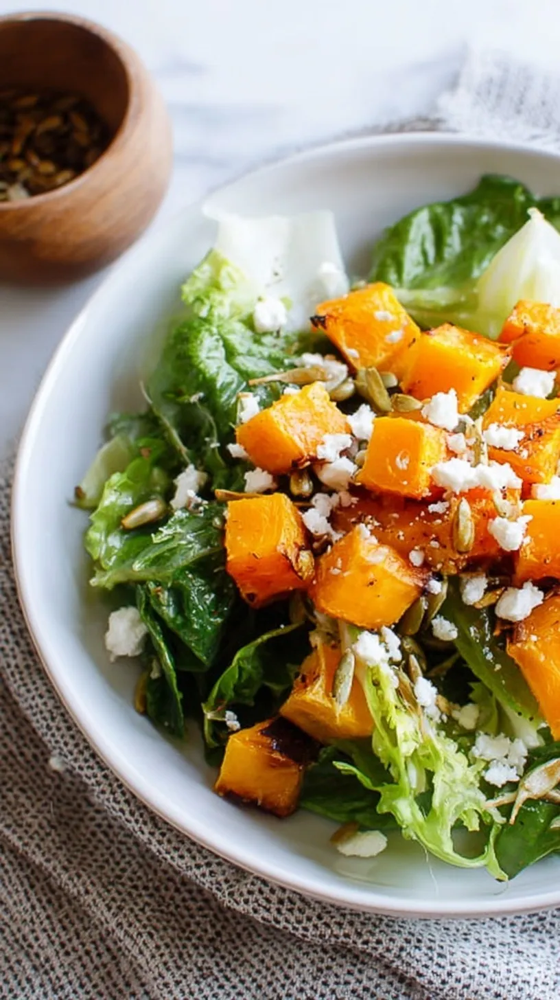A vibrant butternut squash salad with romaine, goat cheese, and pumpkin seeds in a white bowl.