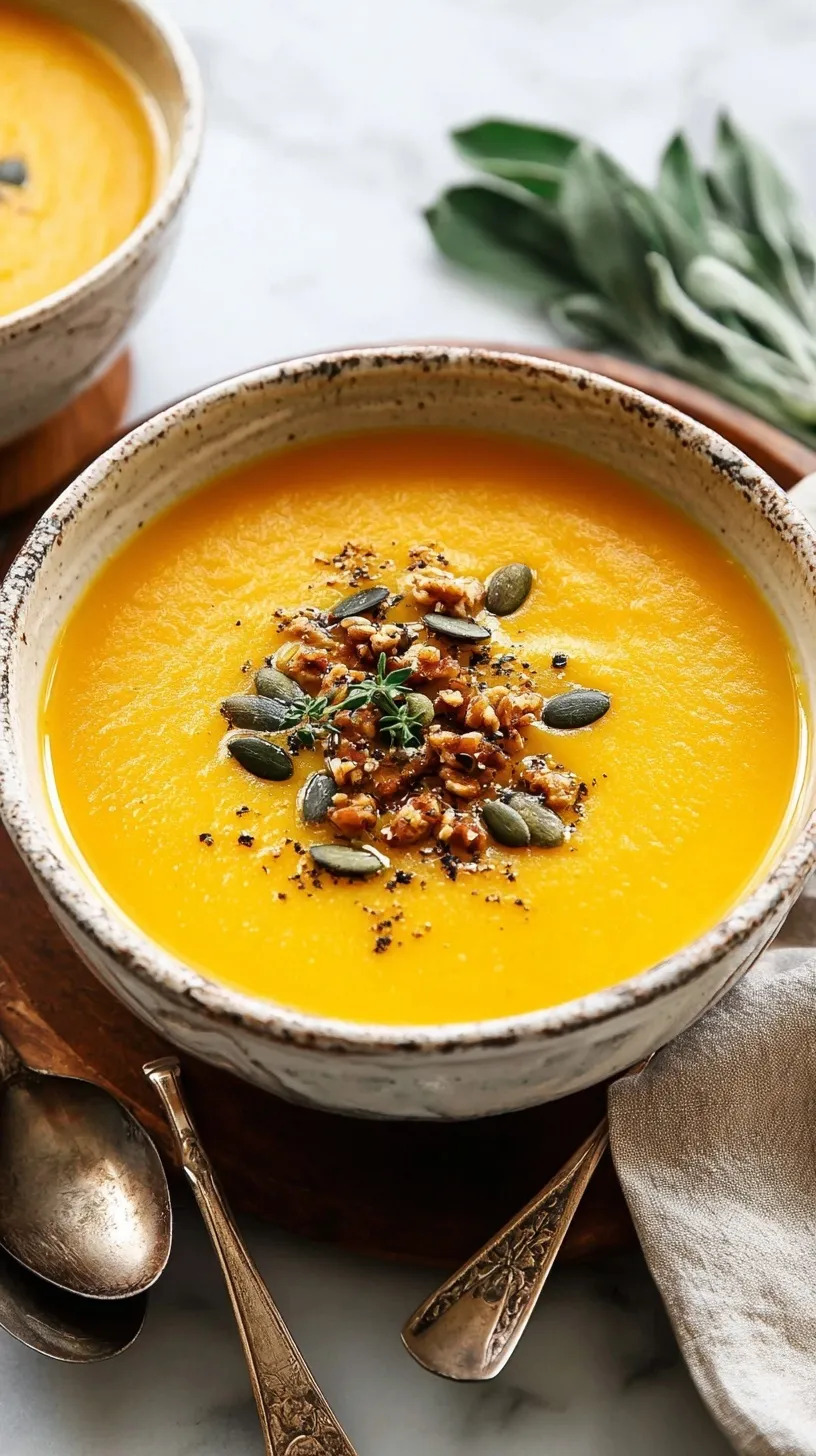 Bowl of creamy roasted butternut squash soup garnished with herbs and pumpkin seeds