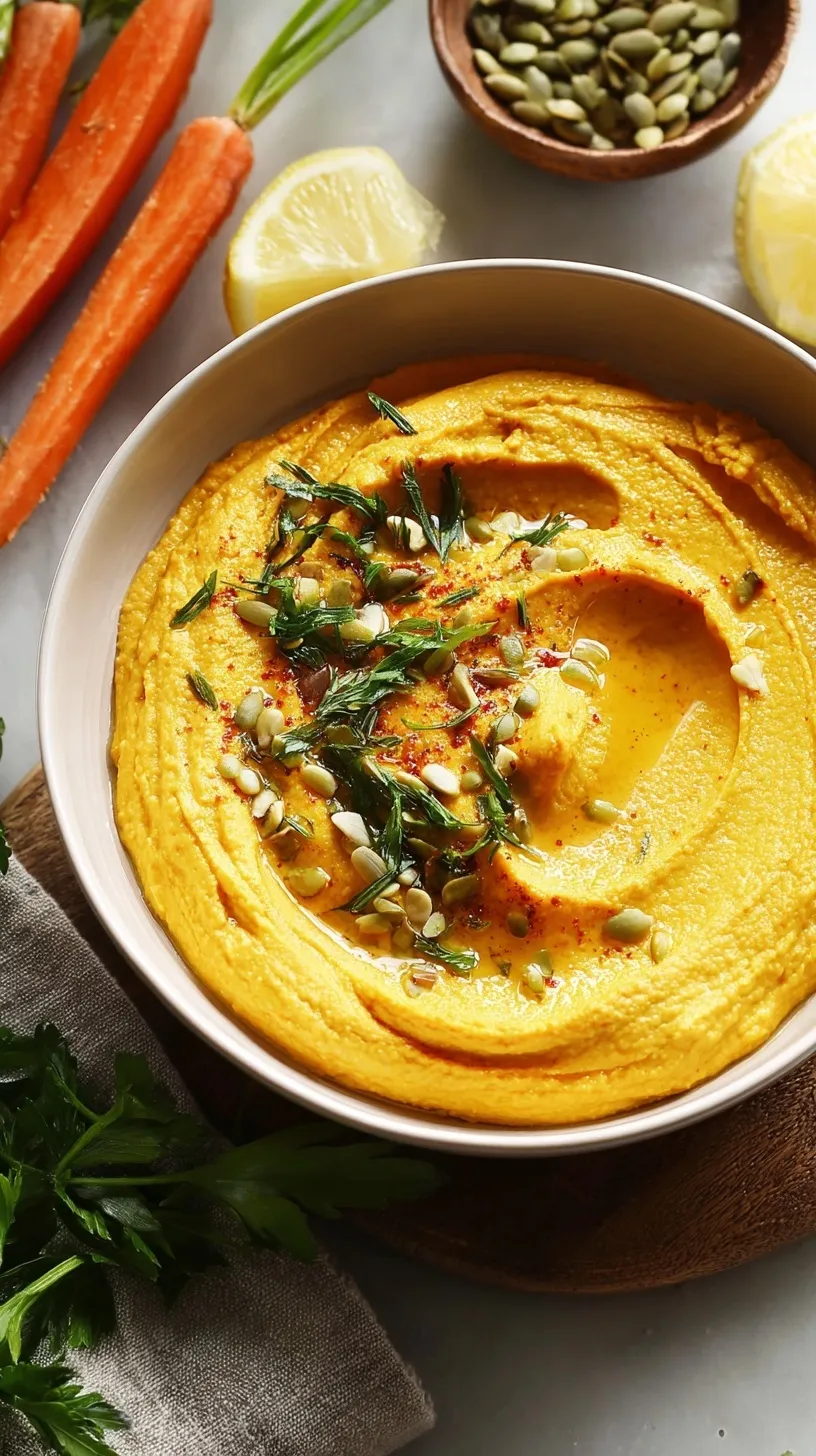A bowl of creamy orange roasted carrot hummus topped with olive oil and herbs