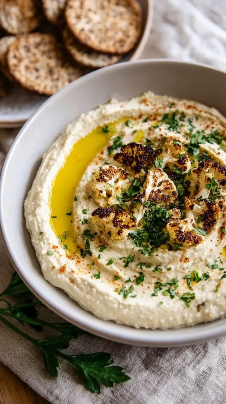 A bowl of smooth roasted cauliflower hummus topped with olive oil and herbs.