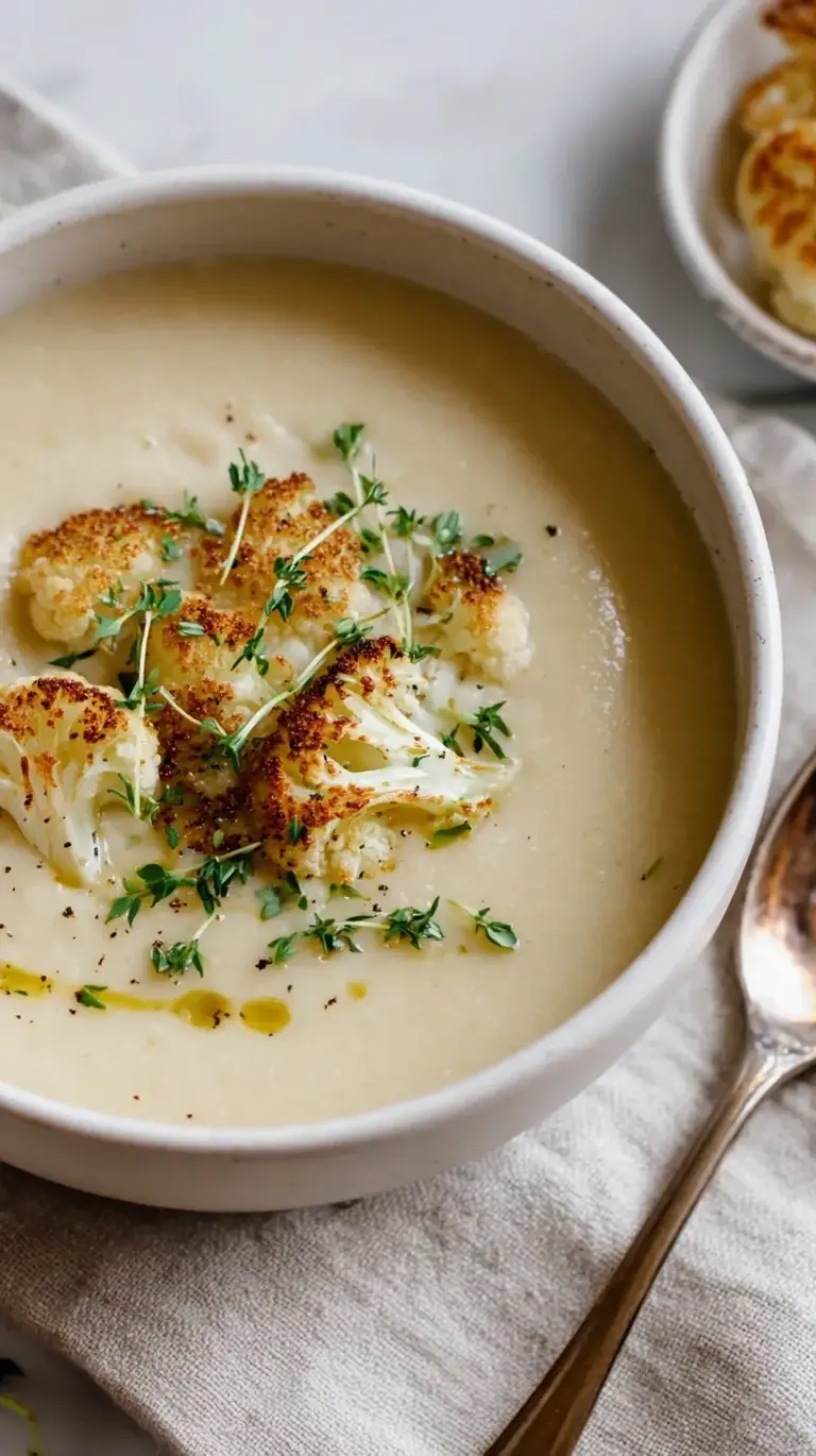 A bowl of creamy roasted cauliflower soup garnished with roasted florets and olive oil.
