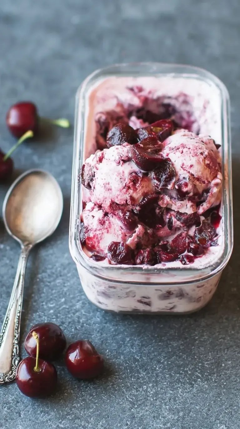 A scoop of creamy pink roasted cherry cardamom ice cream in a white bowl with fresh cherries.