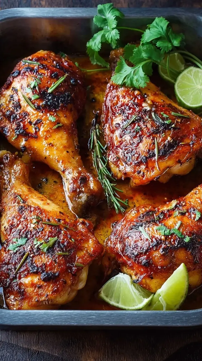 Four golden brown roasted chicken leg quarters on a wire rack over a baking sheet.
