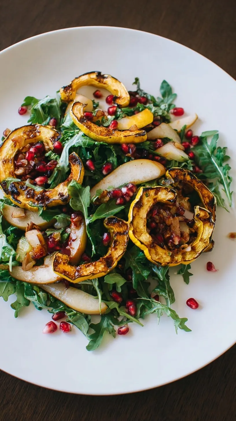 A colorful autumn salad featuring roasted delicata squash moons, sliced pears, and red pomegranate seeds on a bed of green arugula.
