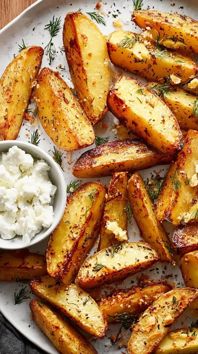 Golden roasted potato wedges on a tray topped with white feta cheese and green parsley