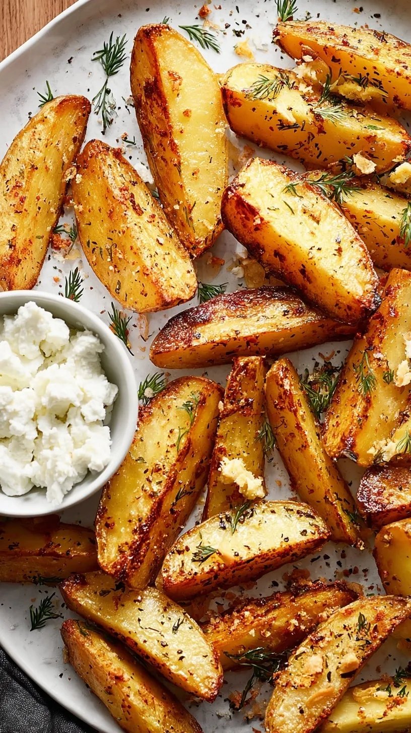 Golden roasted potato wedges on a tray topped with white feta cheese and green parsley