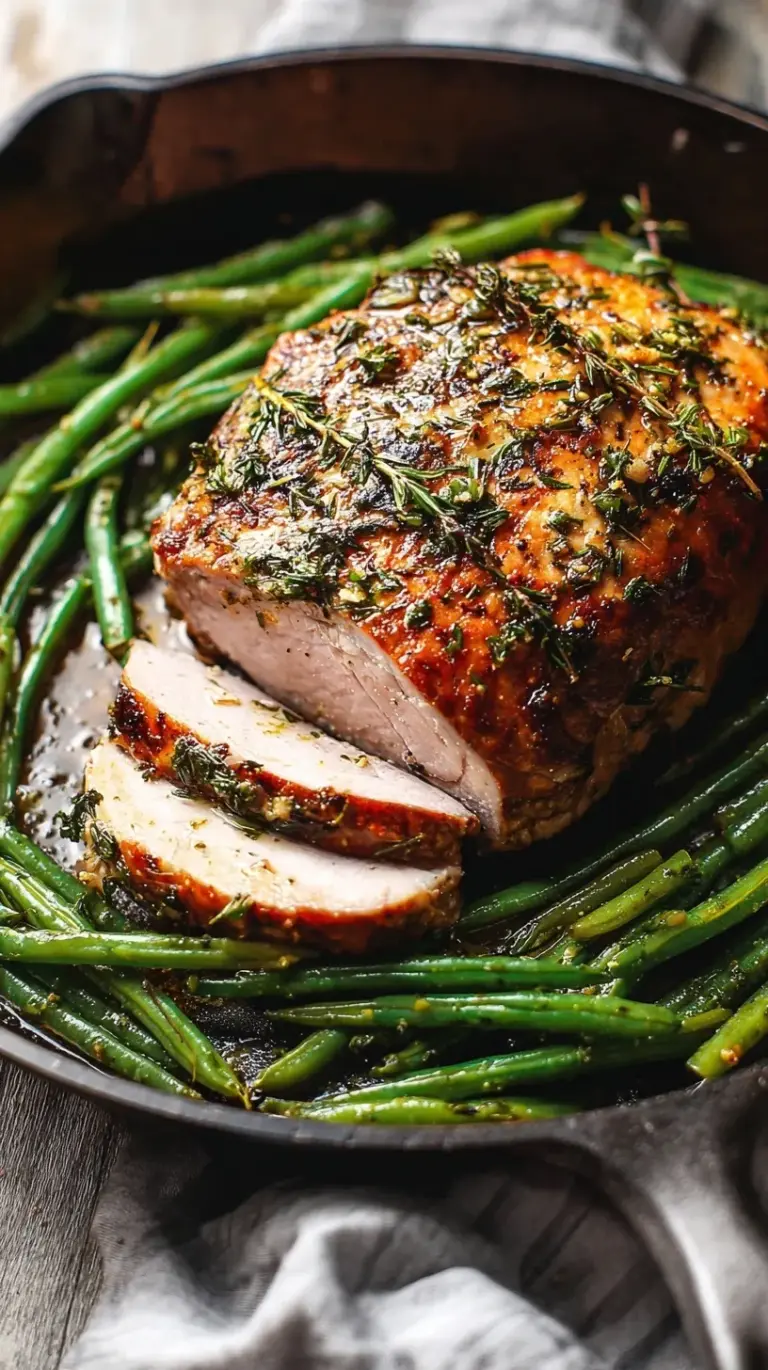 Sliced roasted pork loin medallions served with bright green beans on a white plate