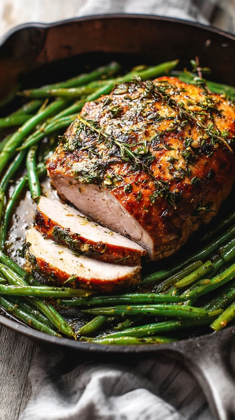 Sliced roasted pork loin medallions served with bright green beans on a white plate