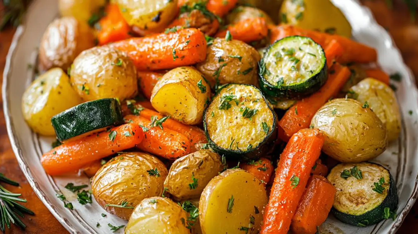 Close view of roasted potatoes, carrots, and zucchini with herbs