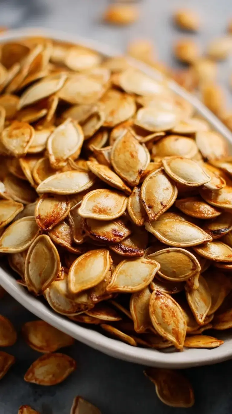A golden bowl filled with crispy roasted pumpkin seeds seasoned with smoked paprika and sea salt.