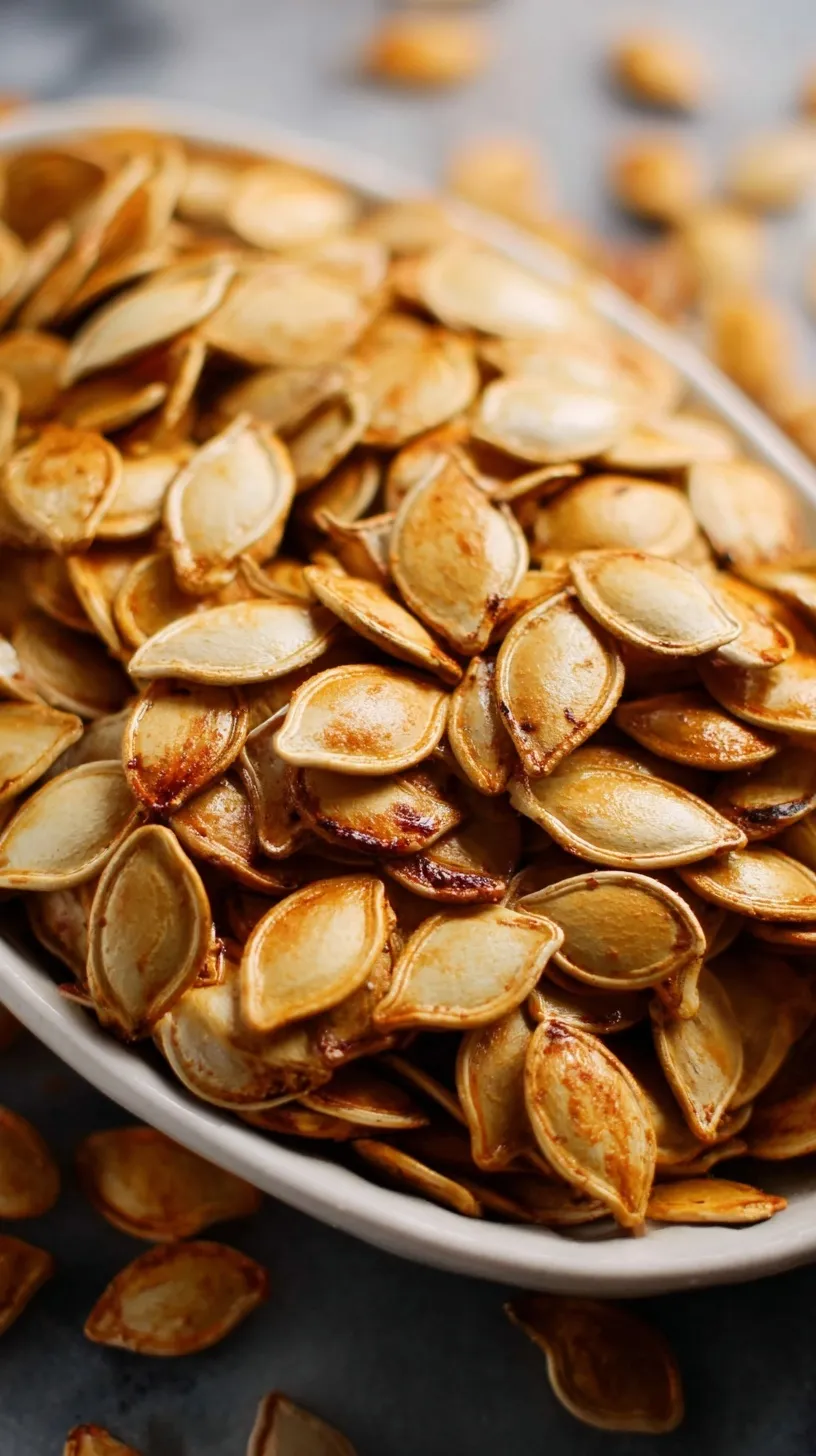 A golden bowl filled with crispy roasted pumpkin seeds seasoned with smoked paprika and sea salt.
