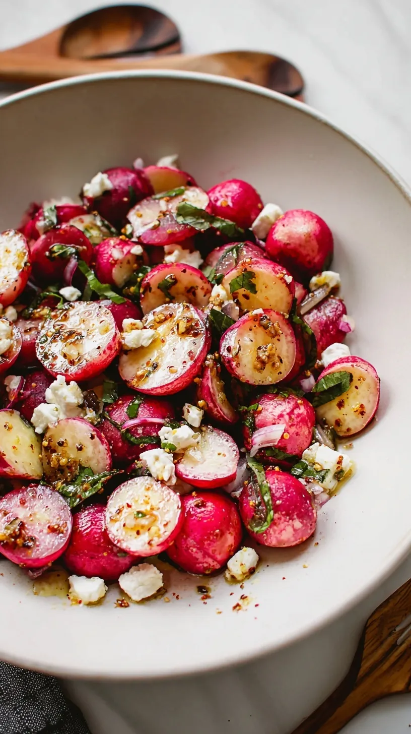 A vibrant Roasted Radish Salad with baby arugula, feta cheese, and fresh chives in a white bowl.