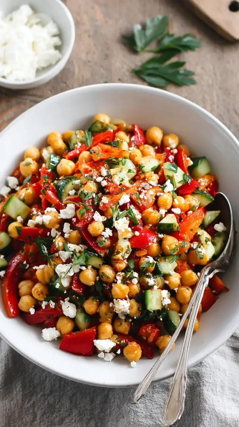 A colorful glass bowl filled with Mediterranean roasted red pepper and chickpea salad topped with feta.