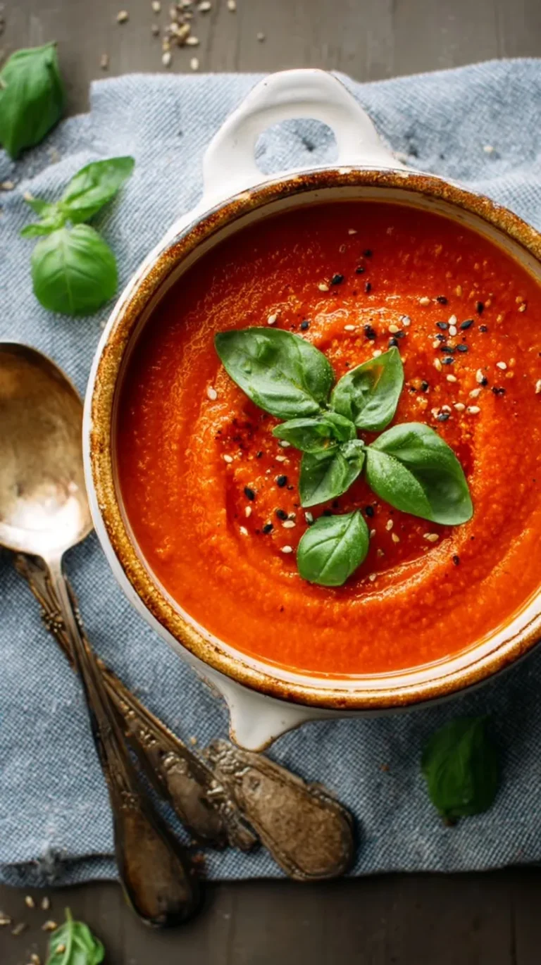 Bowl of roasted red pepper and tomato soup garnished with fresh basil and cream swirl