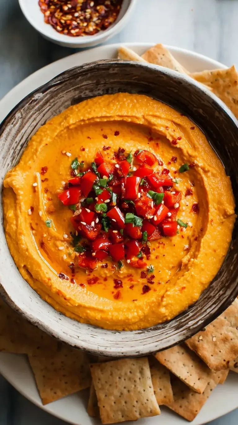 A bowl of creamy roasted red pepper hummus topped with olive oil and smoked paprika.