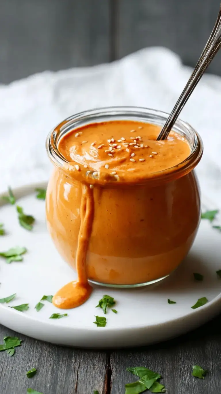 A bowl of vibrant orange roasted red pepper tahini sauce topped with a drizzle of olive oil and fresh herbs.
