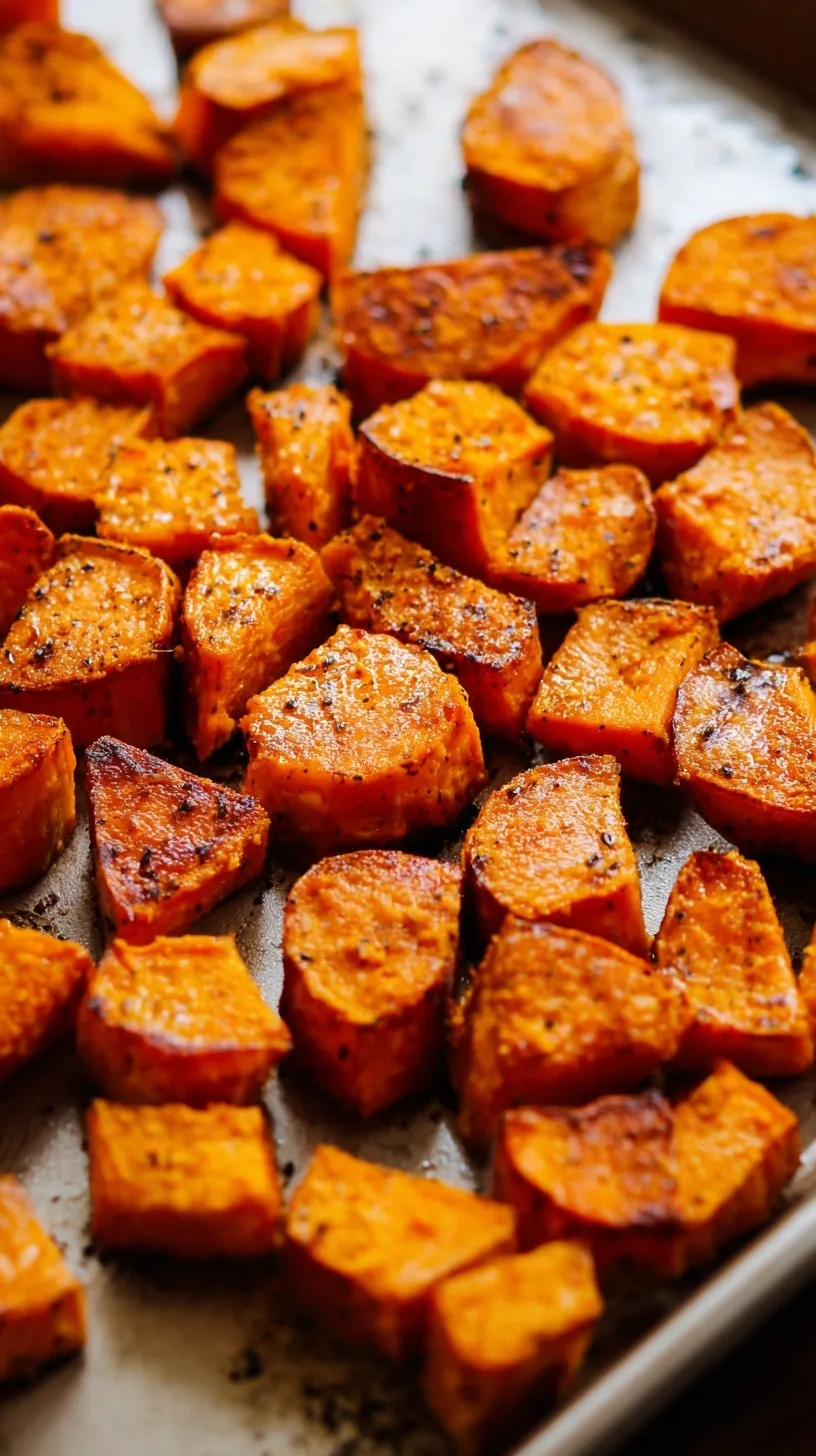 Golden roasted sweet potatoes with caramelized edges on a baking sheet, fresh from the oven