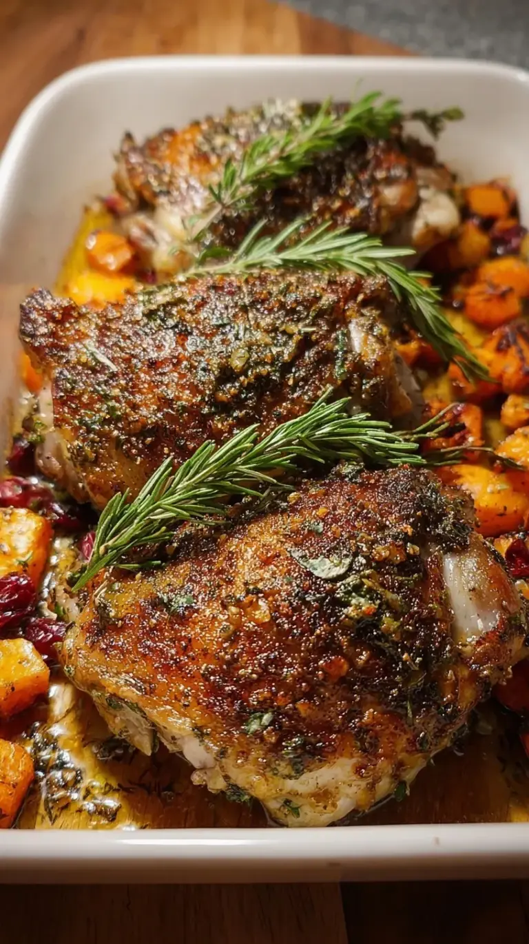 Golden brown roasted turkey thighs seasoned with fresh herbs and garlic in a roasting pan.