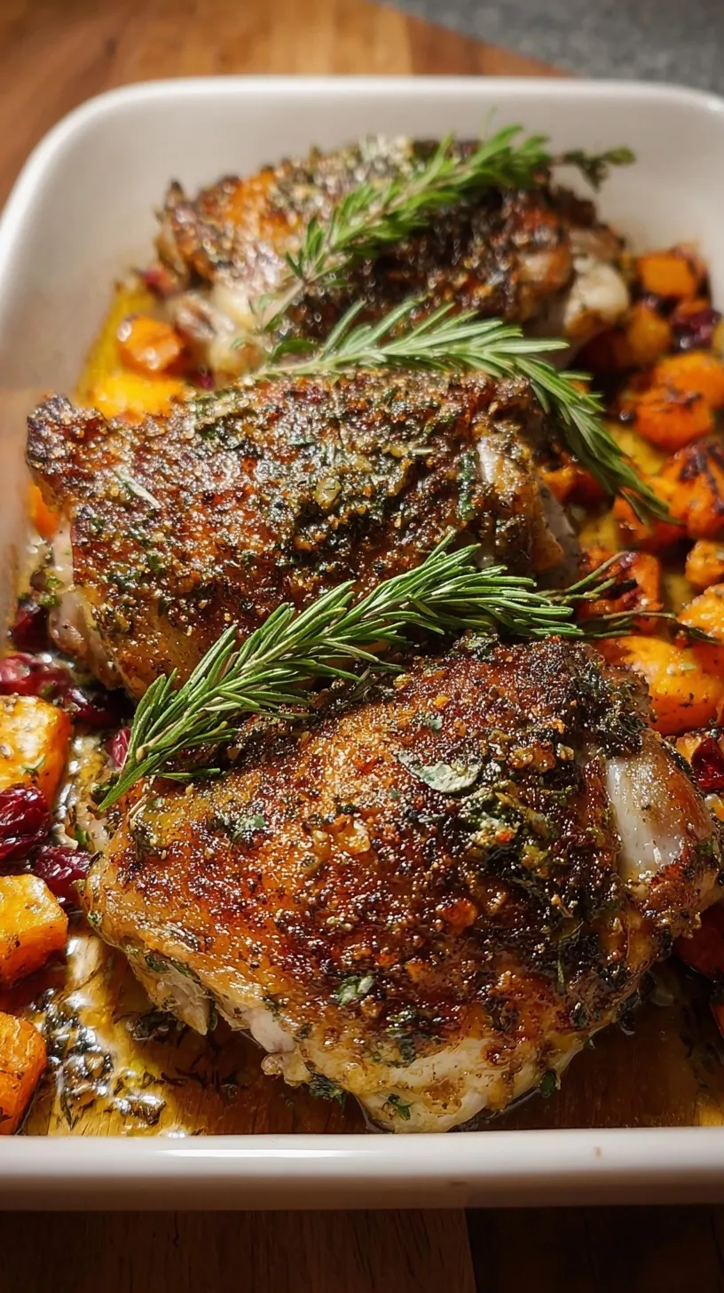 Golden brown roasted turkey thighs seasoned with fresh herbs and garlic in a roasting pan.