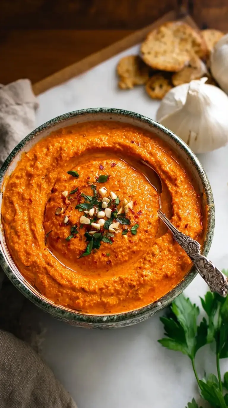 A bowl of vibrant orange homemade romesco sauce topped with fresh herbs and olive oil.